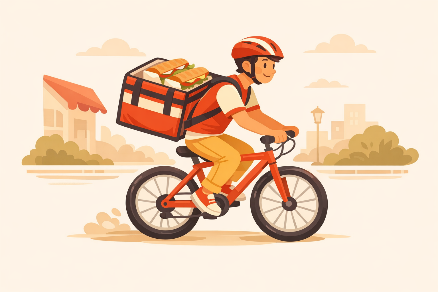 Illustration of a delivery courier carrying a bag of sandwiches on a bicycle